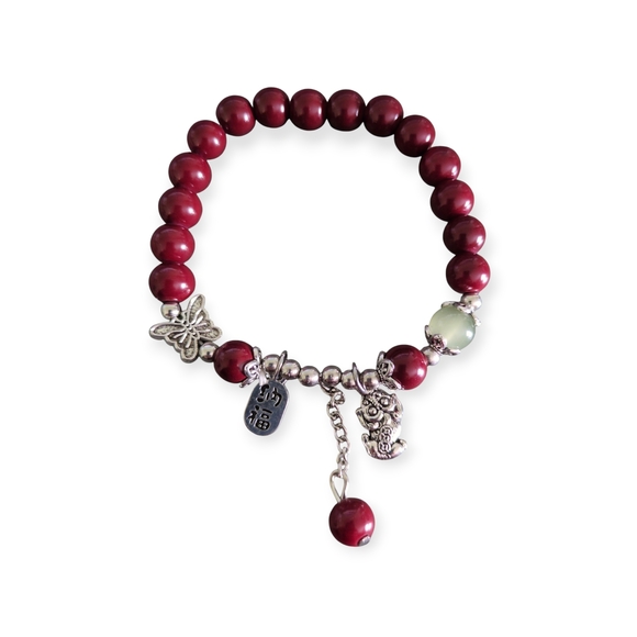 Hand Crafted Jewelry - Burgundy Red Beaded Bracelet with Charms